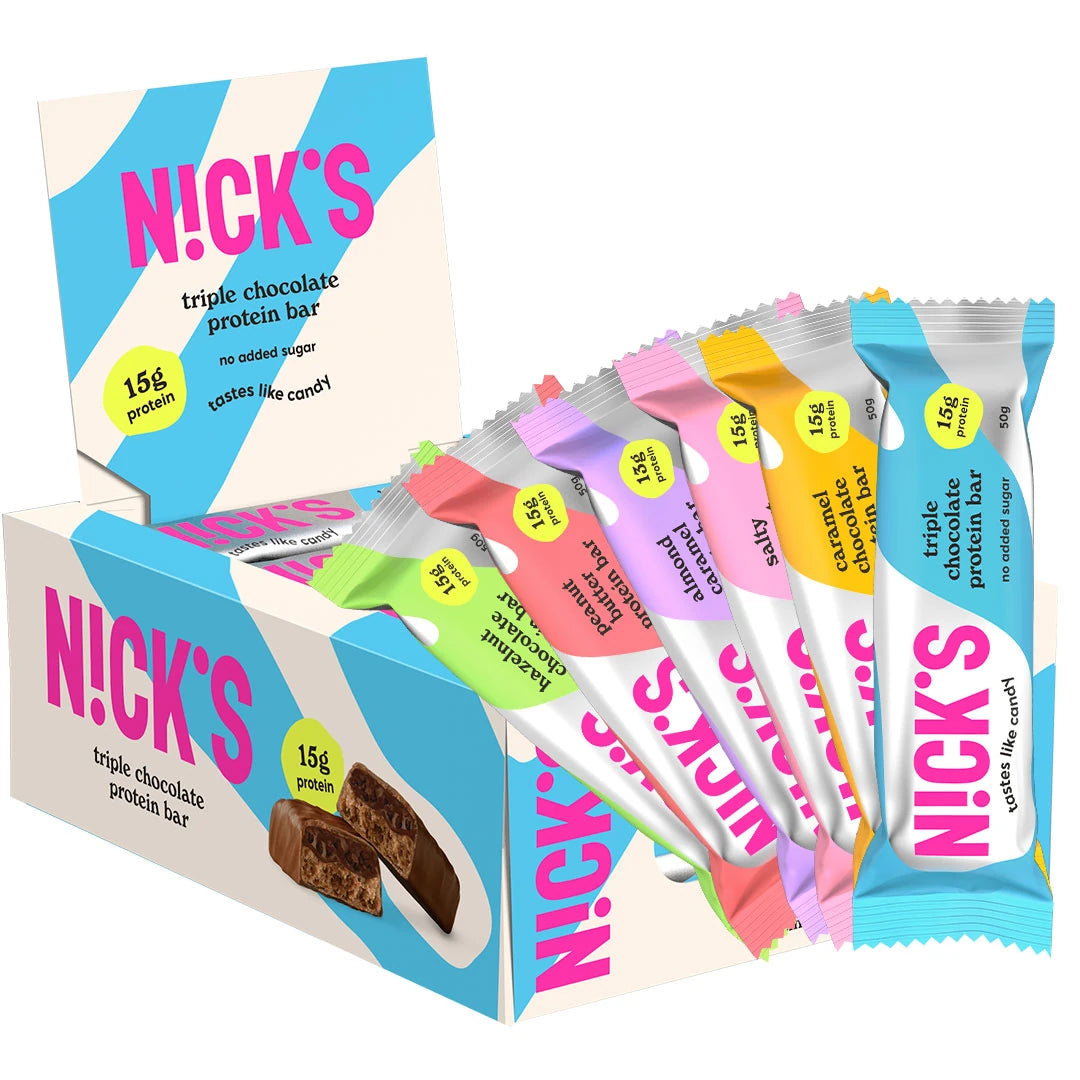12 x NICKS Soft Bar MIX 50 g valko-sinisessä laatikossa, jossa on värikkäitä proteiinipatukoita eri mauissa., kuva 1/1