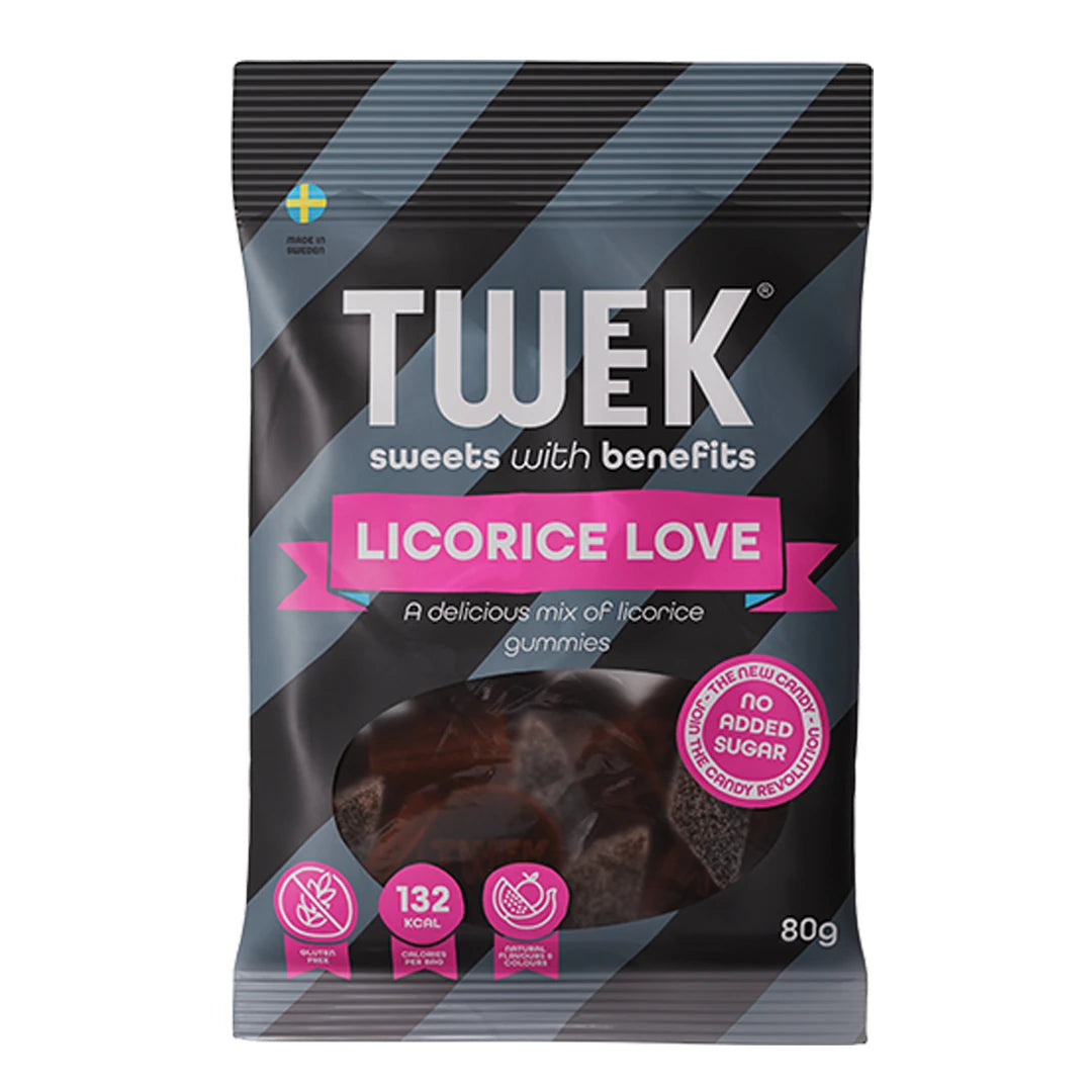 Tweek Sweets 80 g -makeispussi mustana ja harmaana vaaleanpunaisilla yksityiskohdilla, makuna Licorice Love., kuva 6/7