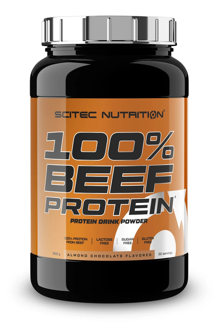Scitec Nutrition 100% Hydro Beef Peptides 900 g -lihaproteiinijauhe mustassa purkissa oranssilla etiketillä.