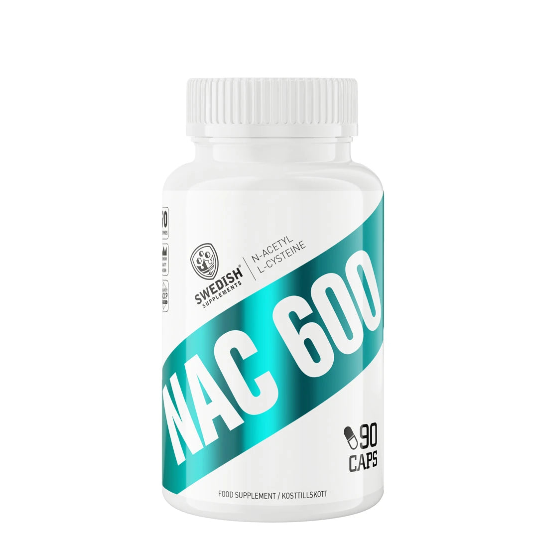 Swedish Supplements NAC 600 90 caps valkoisessa purkissa turkoosilla tekstillä N-asetyyli-L-kysteiini-aminohapolle.