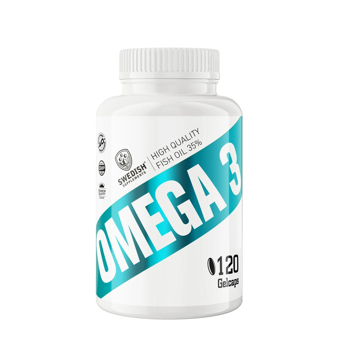 Swedish Supplements Omega 3 70% 120 caps valkoisessa purkissa, jossa on turkooseja yksityiskohtia.