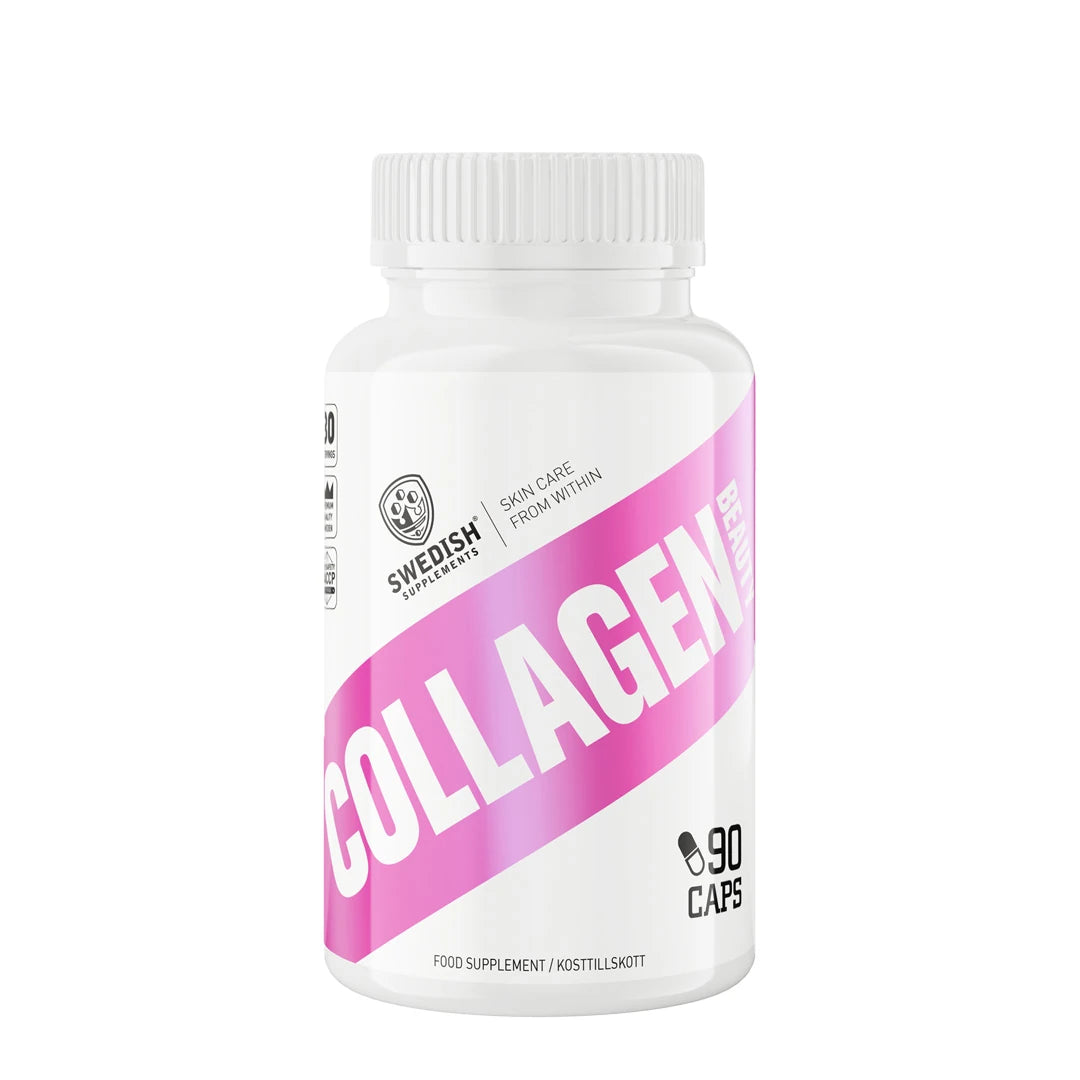 Swedish Supplements Collagen Beauty 90 caps -ravintolisä pakattuna valkoiseen purkkiin, jossa on suuria vaaleanpunaisia yksityiskohtia.