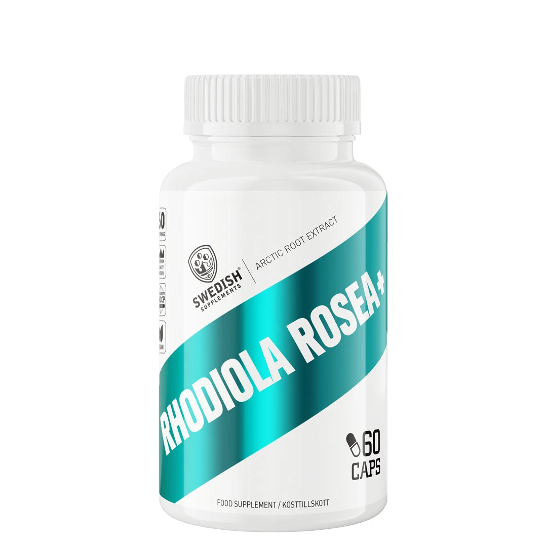 Swedish Supplements Rhodiola Rosea+ 60 caps -ravintolisä valkoisessa purkissa, jonka etiketissä on turkooseja yksityiskohtia.