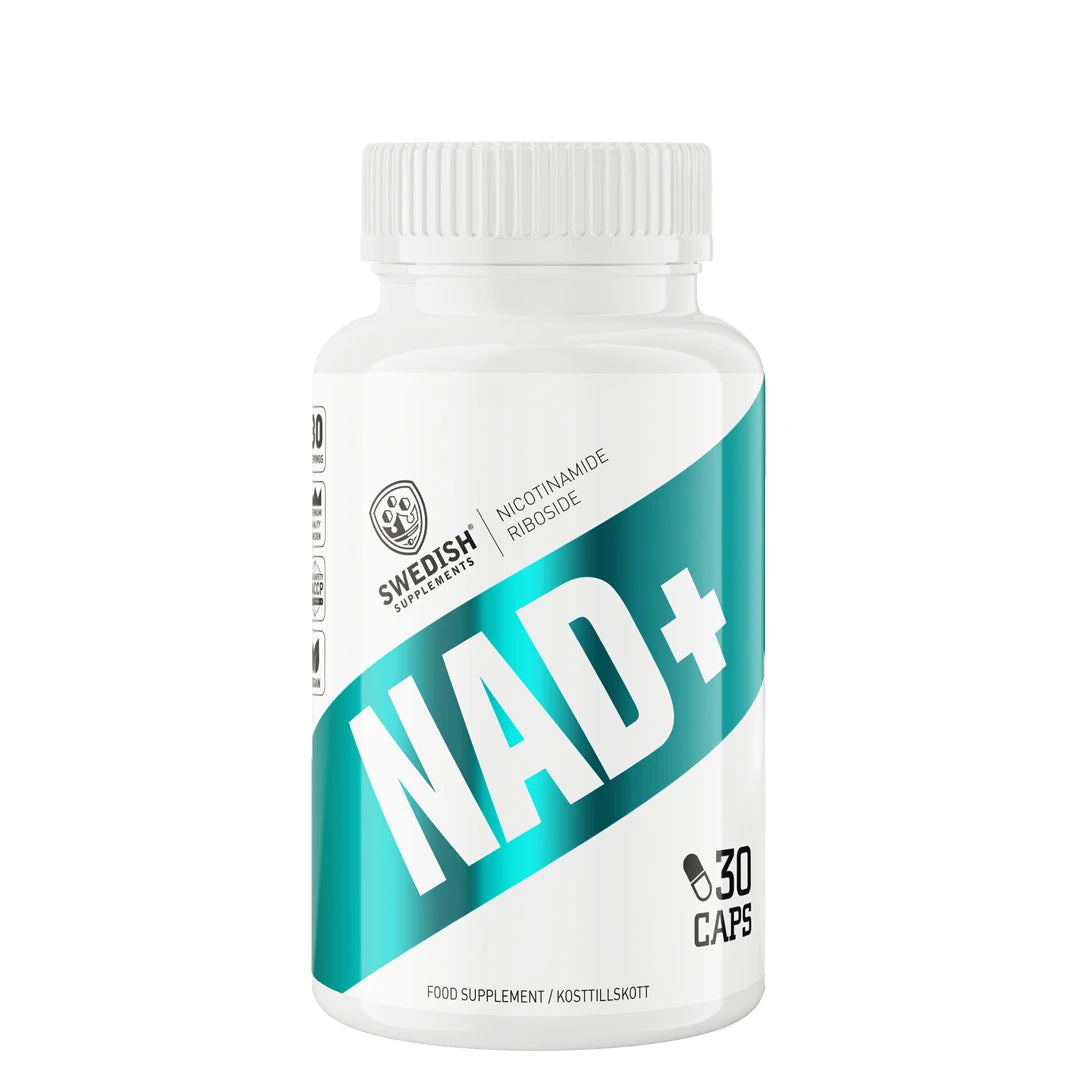 Swedish Supplements NAD+ 30 caps valkoisessa purkissa, jossa on leveä turkoosi raita ja musta teksti.