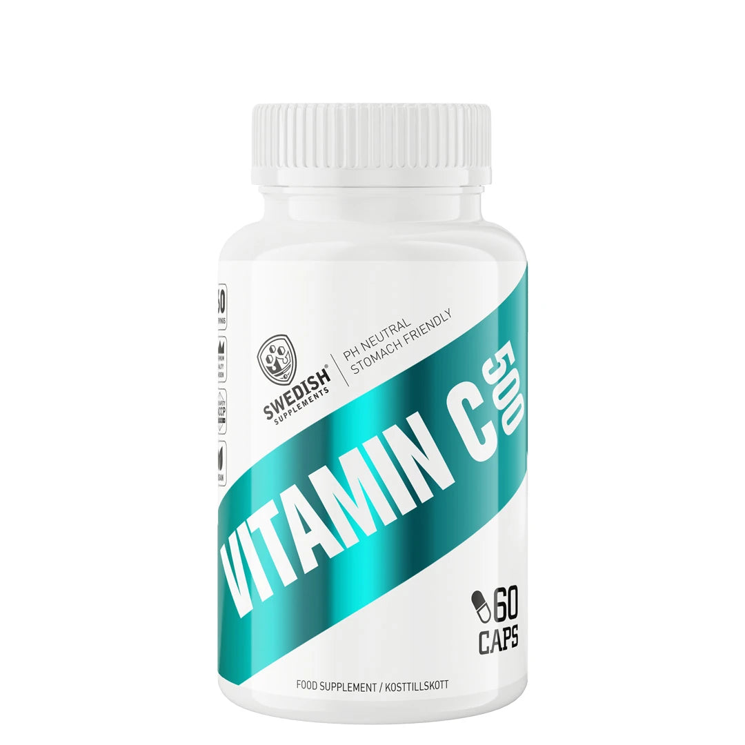 Swedish Supplements Vitamin C 500 (PH neutral) 60 caps valkoisessa purkissa, jossa on leveä turkoosi raita ja musta teksti.