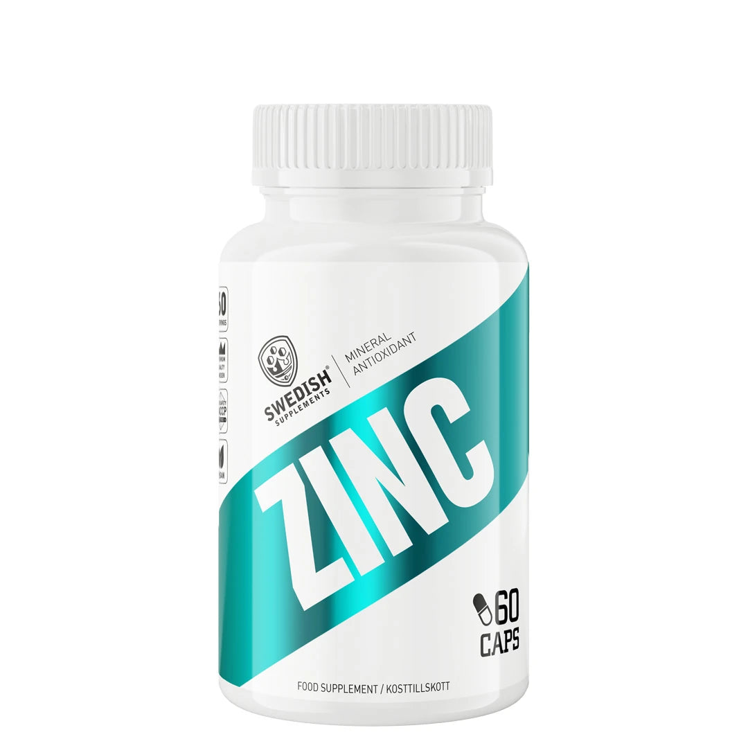 Swedish Supplements Zink 60 caps -ravintolisä valkoisessa purkissa turkooseilla yksityiskohdilla.