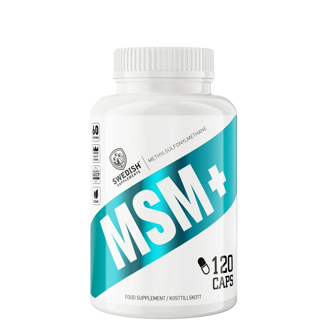 Swedish Supplements MSM+ 120 caps valkoisessa purkissa, jossa on turkoosi vino raita ja valkoinen teksti.