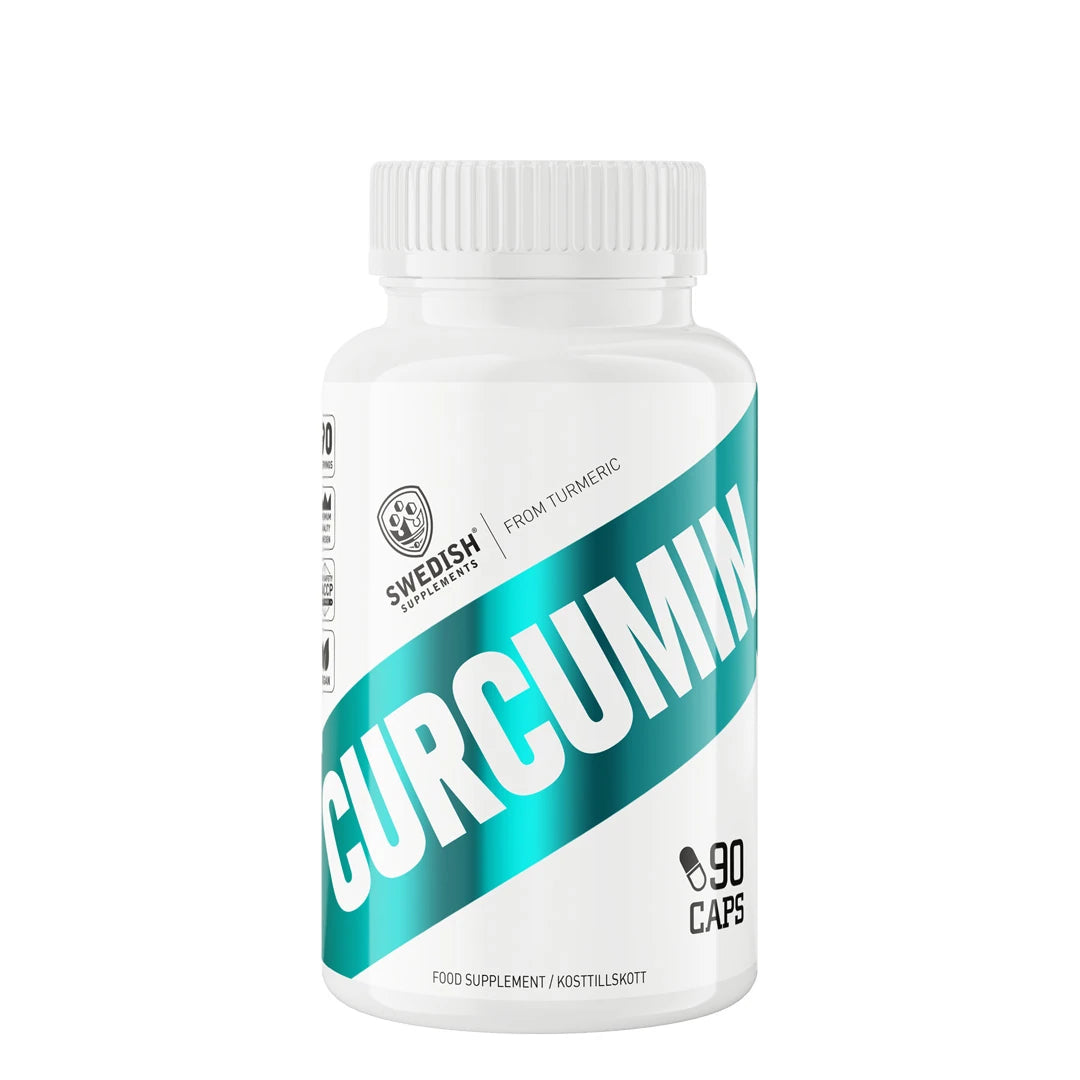 Swedish Supplements Curcumin 90 caps -ravintolisä valkoisessa muovipurkissa turkooseilla graafisilla yksityiskohdilla.