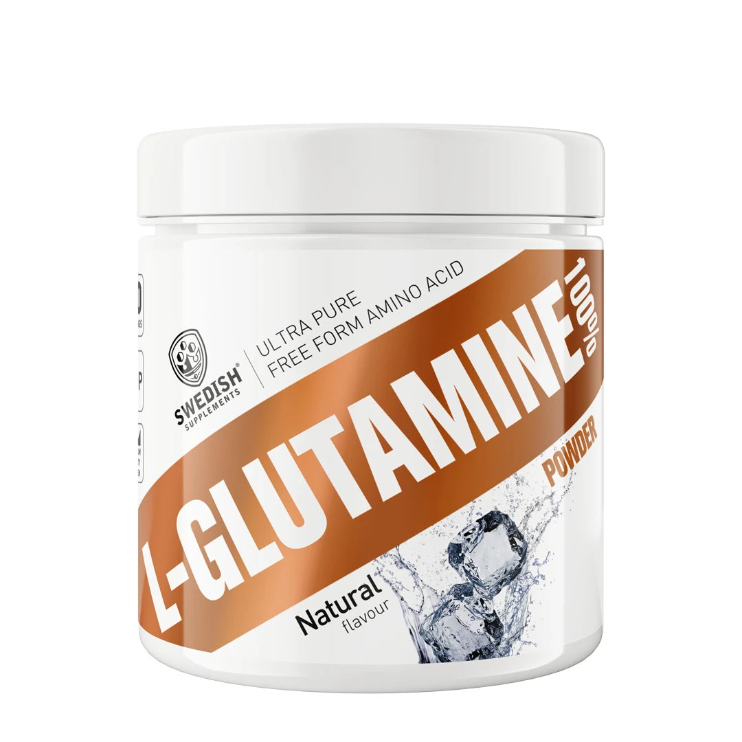 Swedish Supplements L-Glutamine 250 g -aminohappojauhe valkoisessa purkissa pronssisilla yksityiskohdilla, maustamaton.
