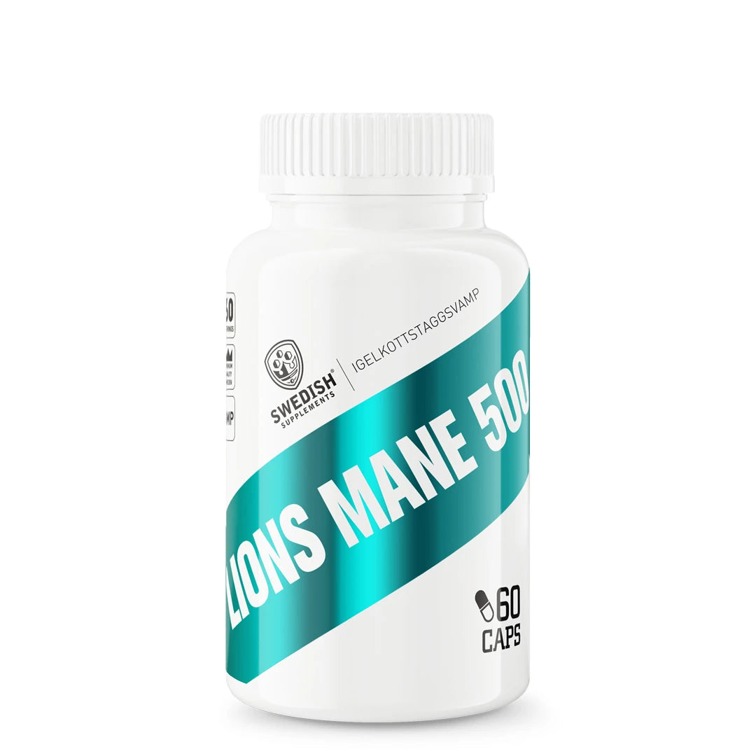 Swedish Supplements Lions Mane 500 60 caps valkoisessa purkissa, jossa on turkooseja yksityiskohtia.