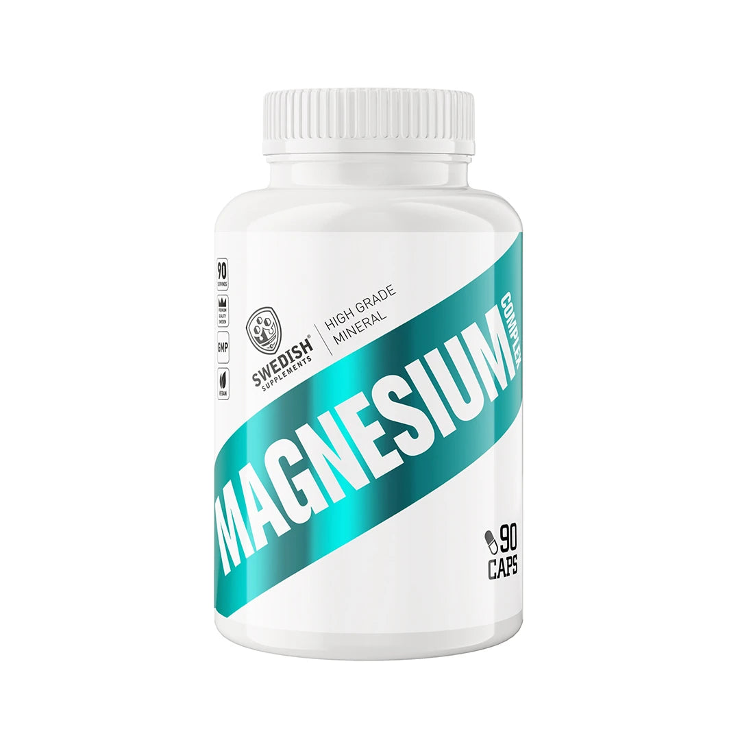 Swedish Supplements Magnesium Complex 90 caps valkoisessa purkissa, jossa on leveä turkoosi raita.