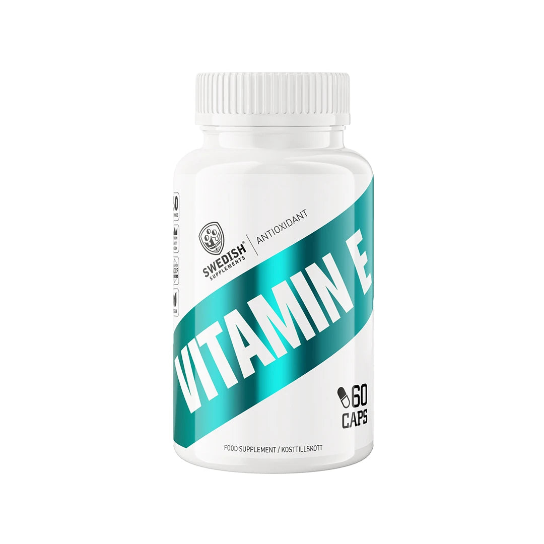Swedish Supplements Vitamin E 60 caps valkoisessa purkissa, jossa on vihreä etiketti ja antioksidanttiteksti.