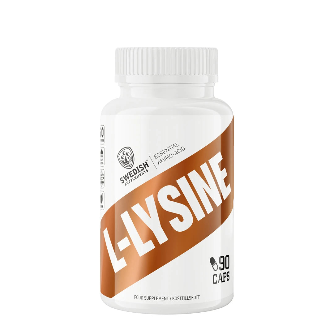 Swedish Supplements L-Lysin 90 caps pakattuna valkoiseen muovipurkkiin, jossa on ruskeita yksityiskohtia.