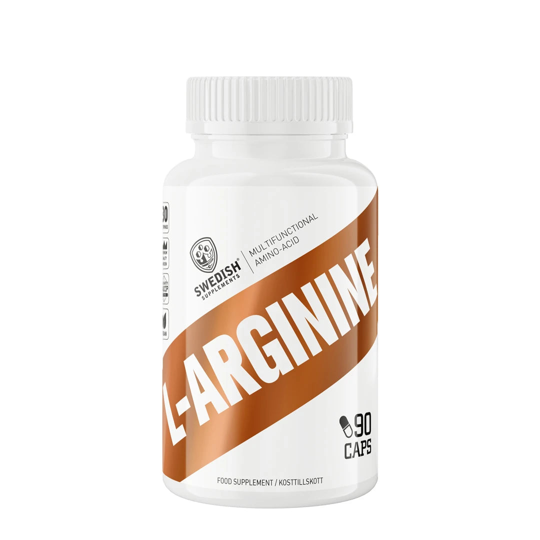 Swedish Supplements L-Arginin 90 caps -aminohappo valkoisessa muovipurkissa, jossa on ruskeita yksityiskohtia.