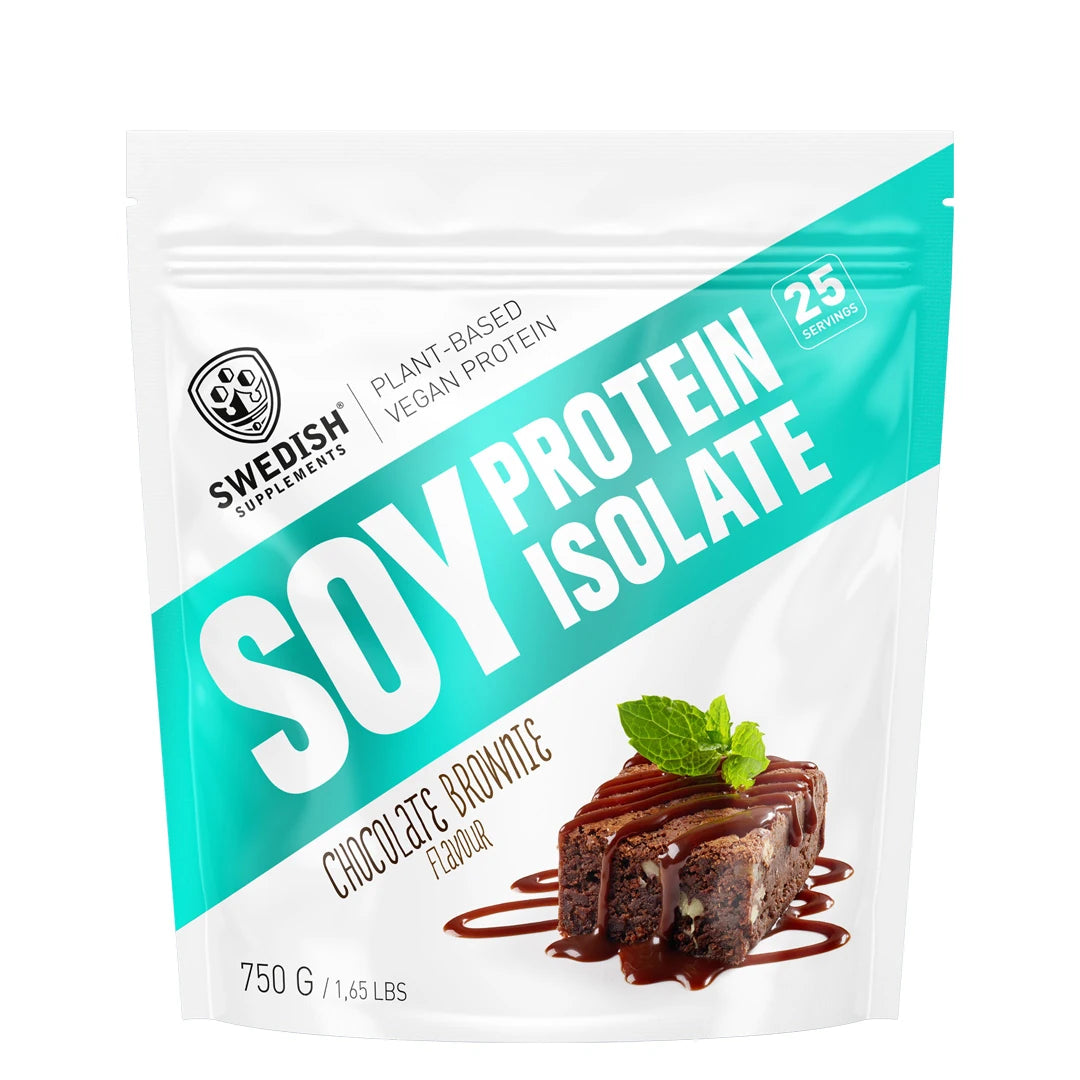 Valko-turkoosi pussi Swedish Supplements Soy Protein Isolate 750 g Naturell -proteiinijauhetta, kuvituksena brownie.