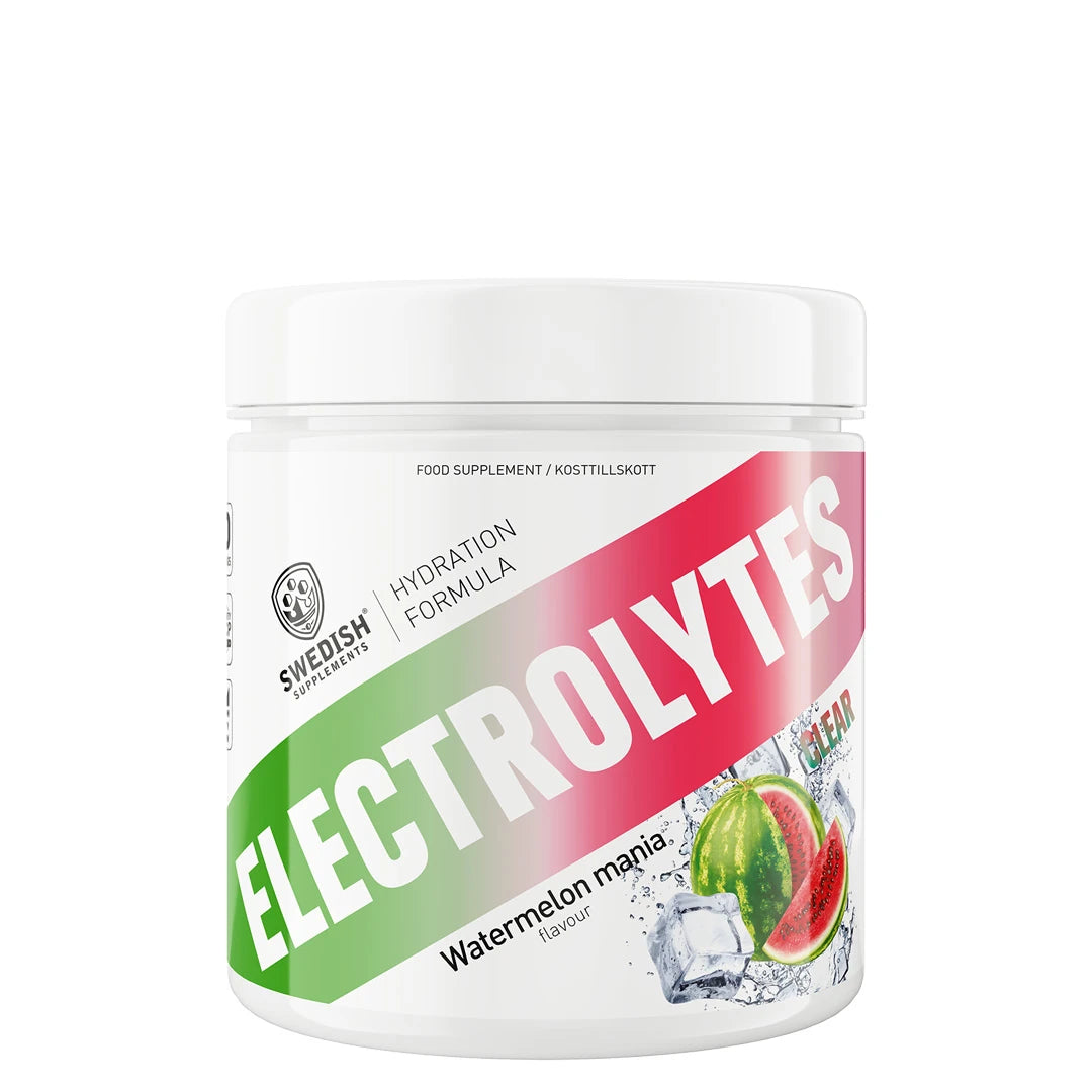 Swedish Supplements Clear Electrolytes 240 g valkoisessa purkissa vesimelonin ja jään kuvilla, makuna Watermelon Mania.