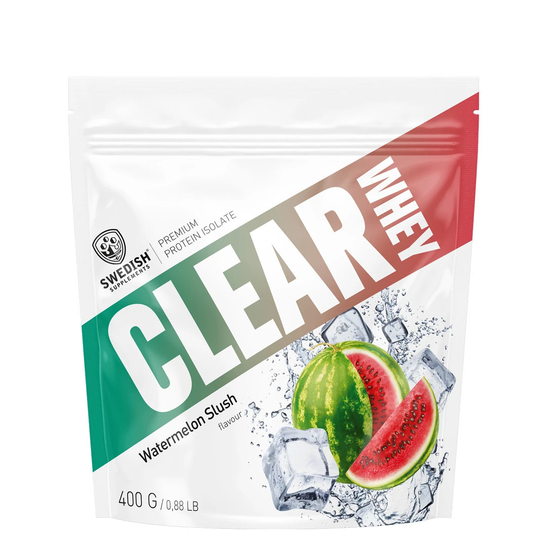 Watermelon Slush -makuinen Swedish Supplements Clear Whey 400 g -proteiinijauhe valkoisessa pussissa.