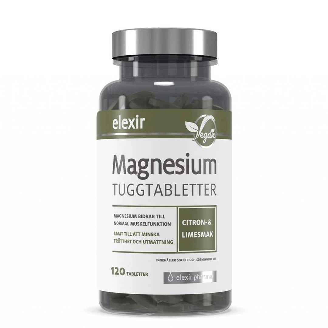 Elexir Pharma Magnesium purutabletit 120 tabs läpinäkyvässä purkissa, jossa on vihreä-valkoinen etiketti.
