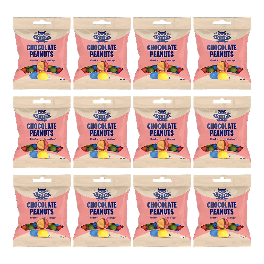 12 x Healthyco Chocolate 40 g Peanuts vaaleanpunaisissa pusseissa, joissa on värikkäitä suklaakuorrutettuja maapähkinöitä., kuva 1/1