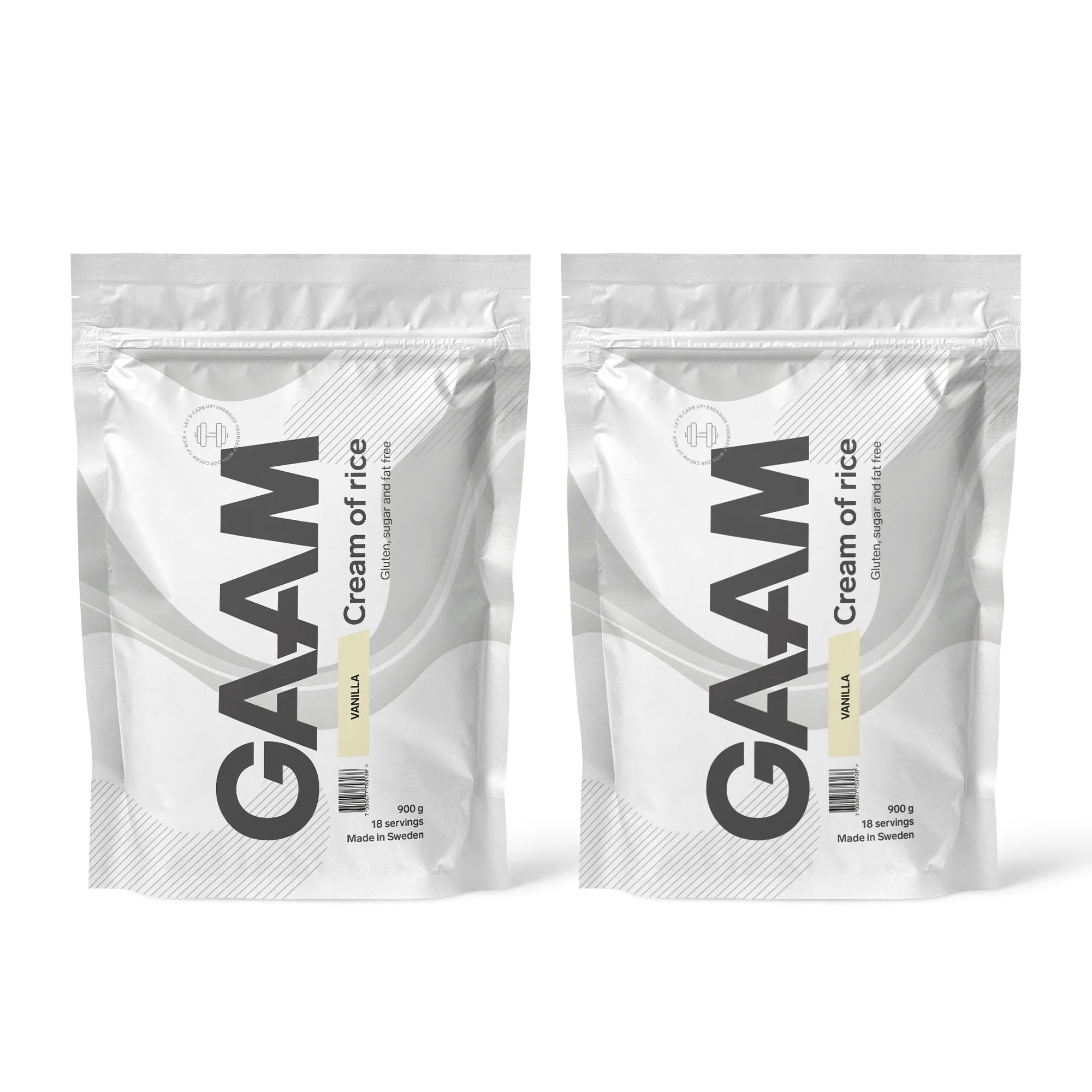 2 x GAAM Cream of Rice 900 g kahdessa valkoisessa pussissa harmailla yksityiskohdilla, makuna Vanilla.