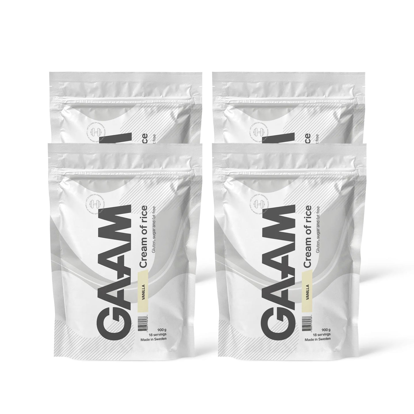 4 x GAAM Cream of Rice 900 g kolhydrater i fyra vita påsar med svarta detaljer för smaken Vanilla.