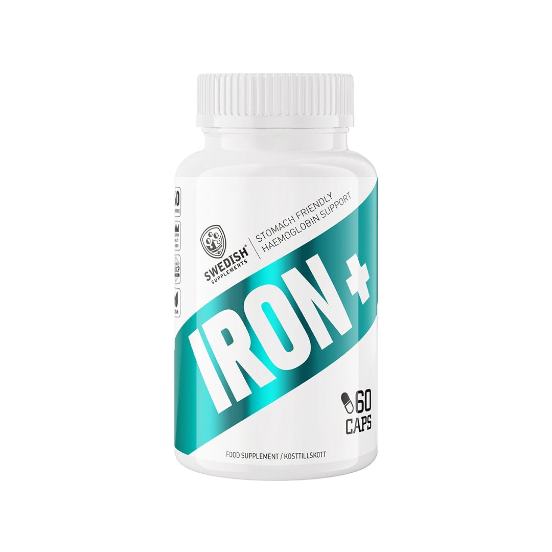Swedish Supplements Iron Plus 60 caps valkoisessa muovipurkissa, jossa on turkooseja yksityiskohtia ja musta teksti.