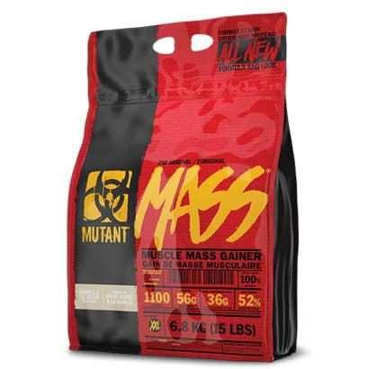 Punamusta pussi Mutant Mass 2.2 kg -gaineria keltaisilla yksityiskohdilla, makuna Vanilla Ice Cream.