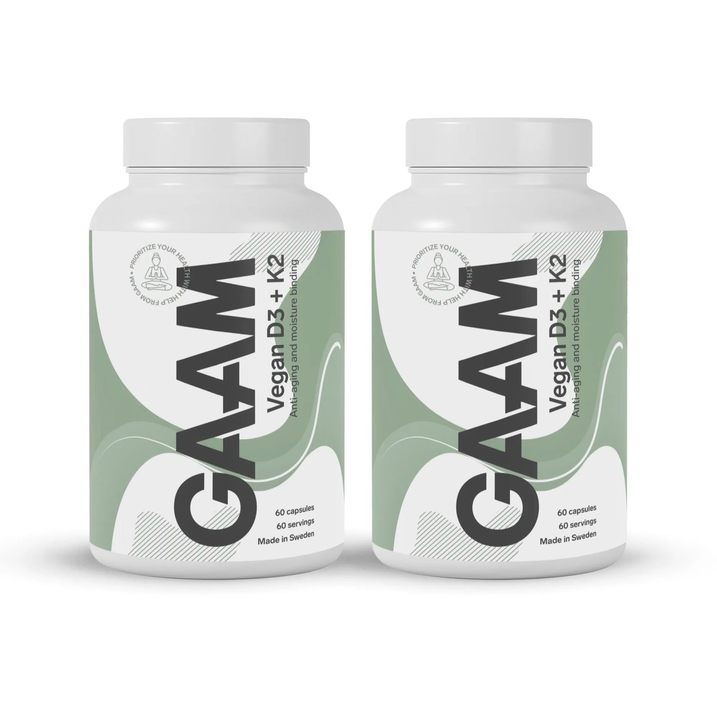 2 x GAAM Vegan D3 + K2 60 caps -ravintolisä kahdessa valkoisessa purkissa vihreillä ja harmailla yksityiskohdilla.