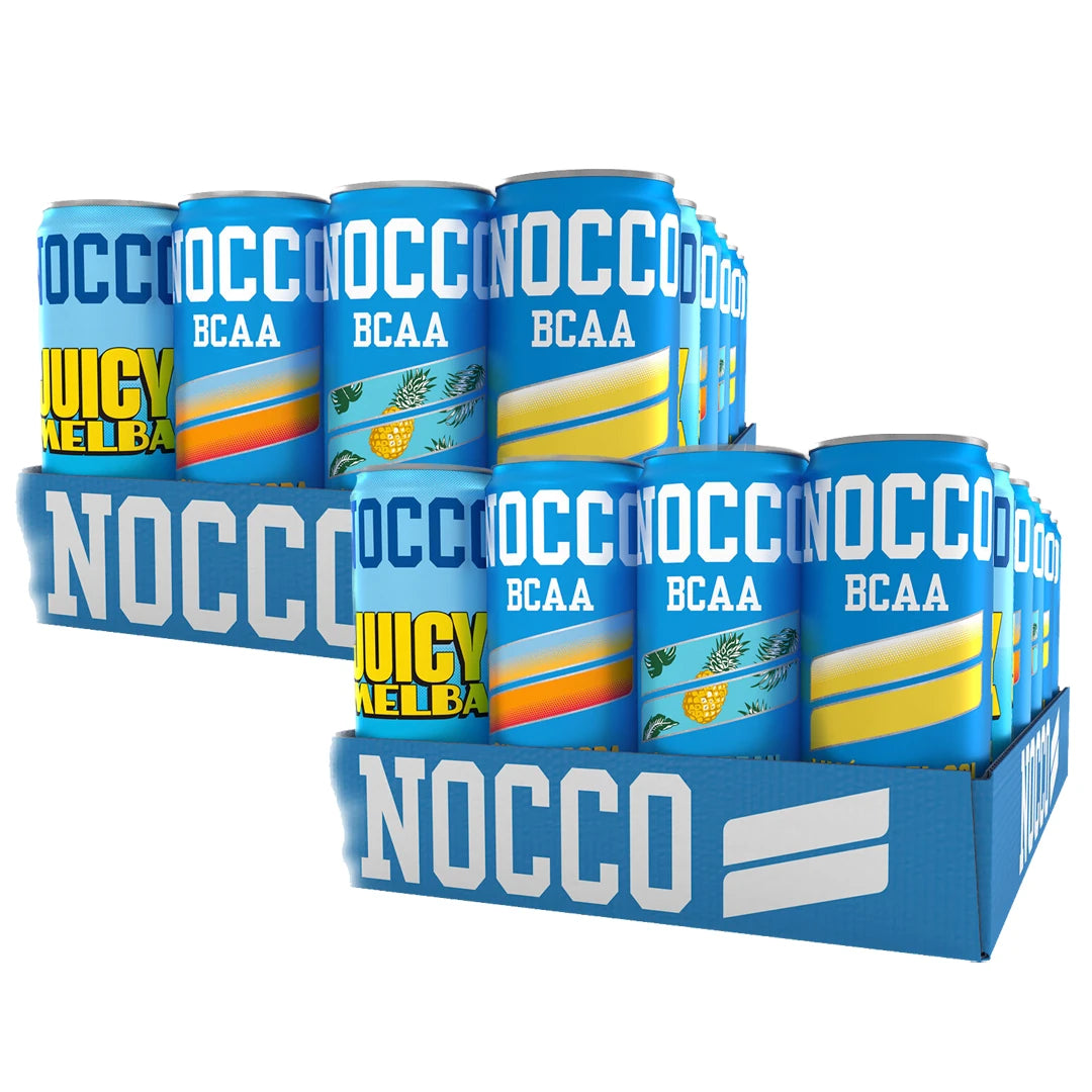 48 x NOCCO BCAA / BCAA+ 330 ml Mix-lava kahdessa pinotussa sinisessä laatikossa, täynnä värikkäitä energiajuomatölkkejä.