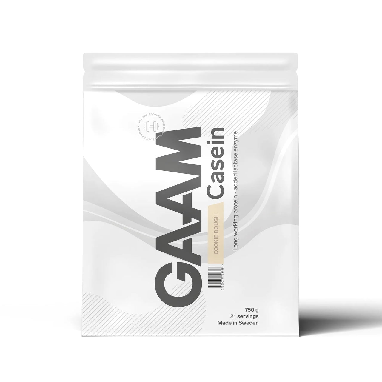 GAAM Casein 750 g -kaseiiniproteiini valkoisessa pussissa harmailla yksityiskohdilla, makuna Cookie Dough.