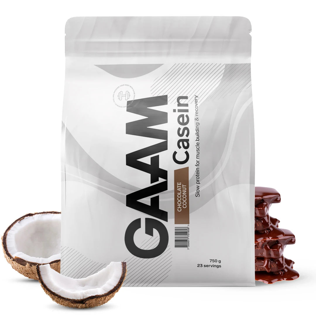 GAAM Casein 750 g -kaseiiniproteiini valkoisessa pussissa tuoreen kookoksen ja suklaan kera, makuna Chocolate Coconut., kuva 3/9