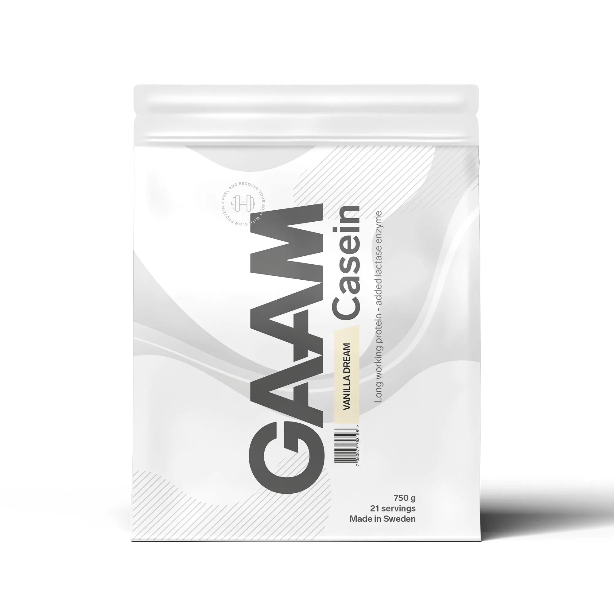 GAAM Casein 750 g -kaseiiniproteiini valkoisessa pussissa harmailla yksityiskohdilla, makuna Vanilla Dream., kuva 6/9