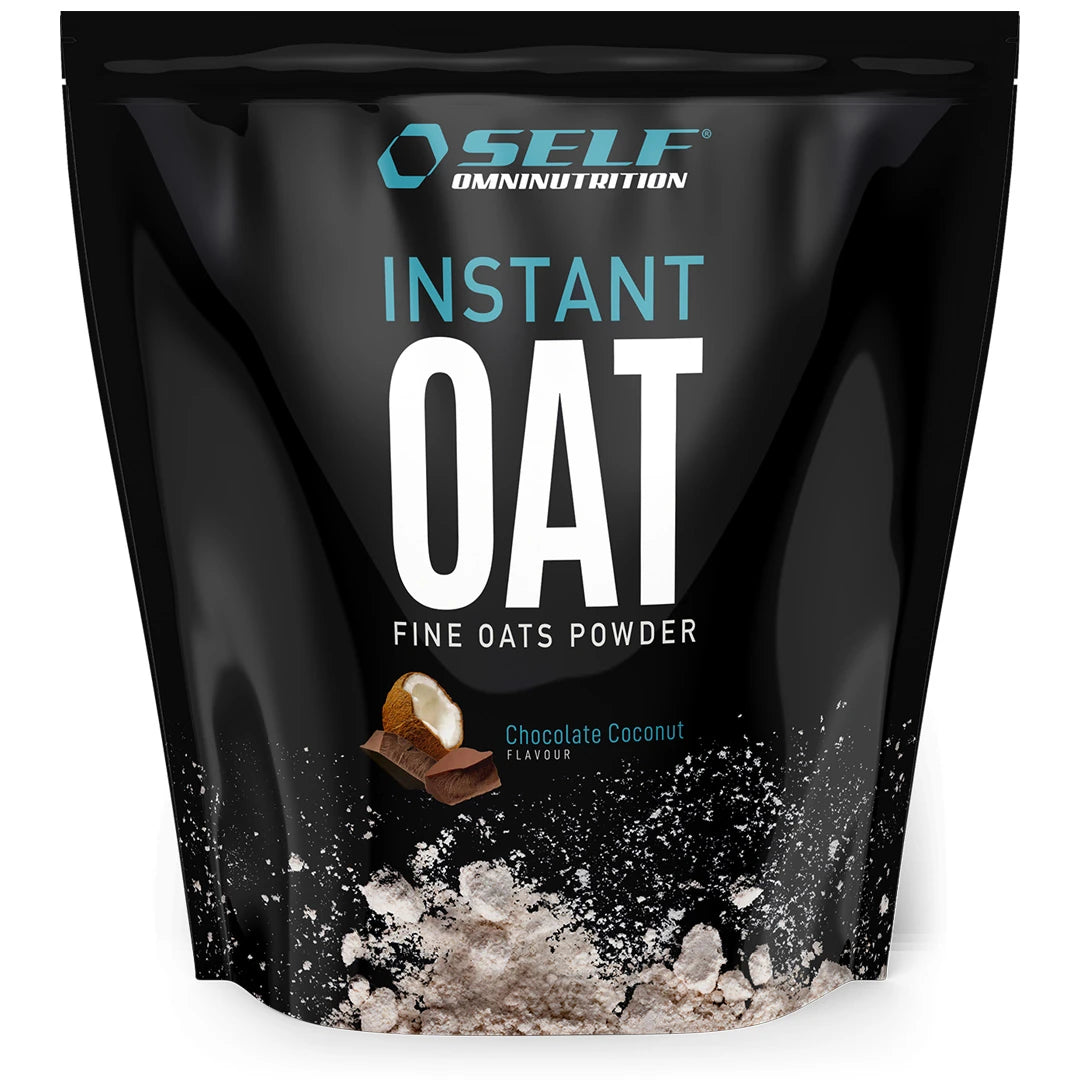 Self Omninutrition Instant Oat 1 kg -kaurajauho mustassa pussissa, jossa on suklaan ja kookoksen kuvitus Chocolate Coconut -maulle., kuva 9/14