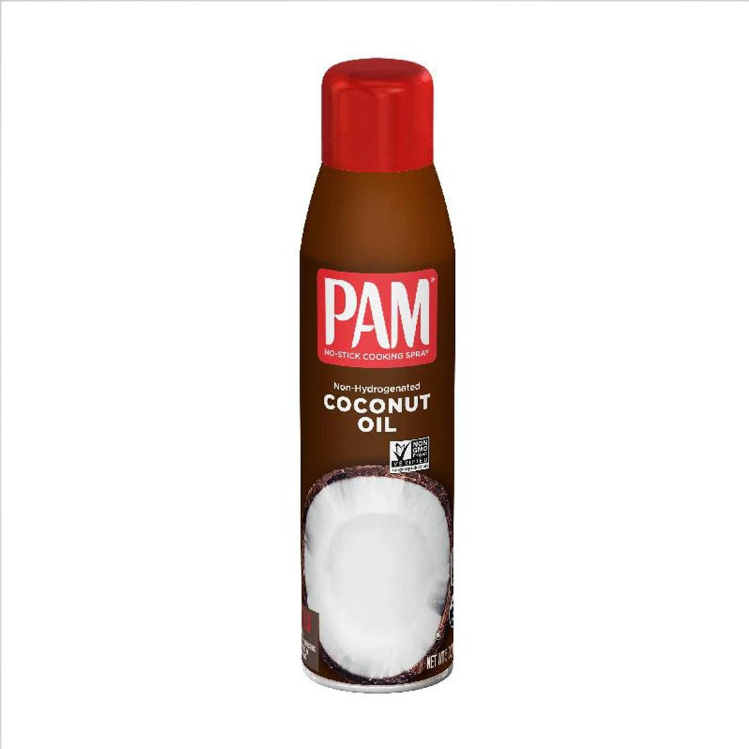 Pam Cooking Spray 141 g kookosöljy ruskeassa suihkepullossa punaisella korkilla.