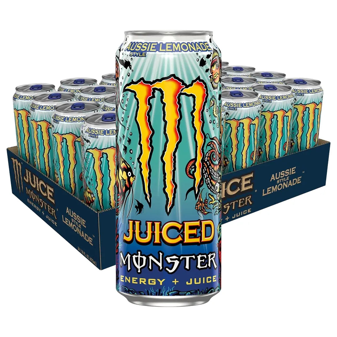 24 x Monster Energy 500 ml Aussie Lemonade tummansinisellä lavalla vaaleansinisillä meriaiheisilla tölkeillä.
