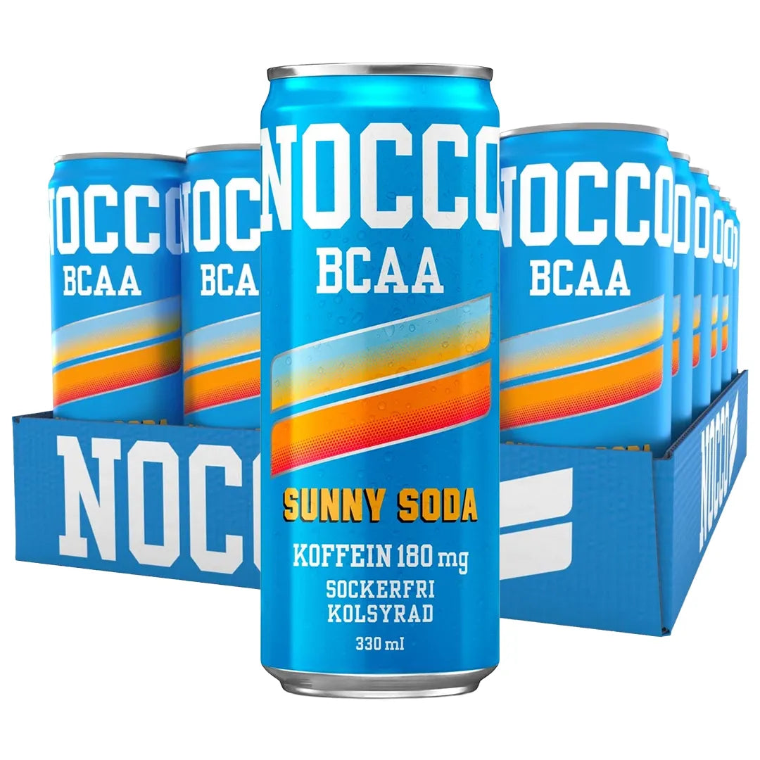 Lava 24 x NOCCO BCAA 330 ml Sunny Soda -juomaa sinisissä tölkeissä keltaisilla ja oransseilla yksityiskohdilla.