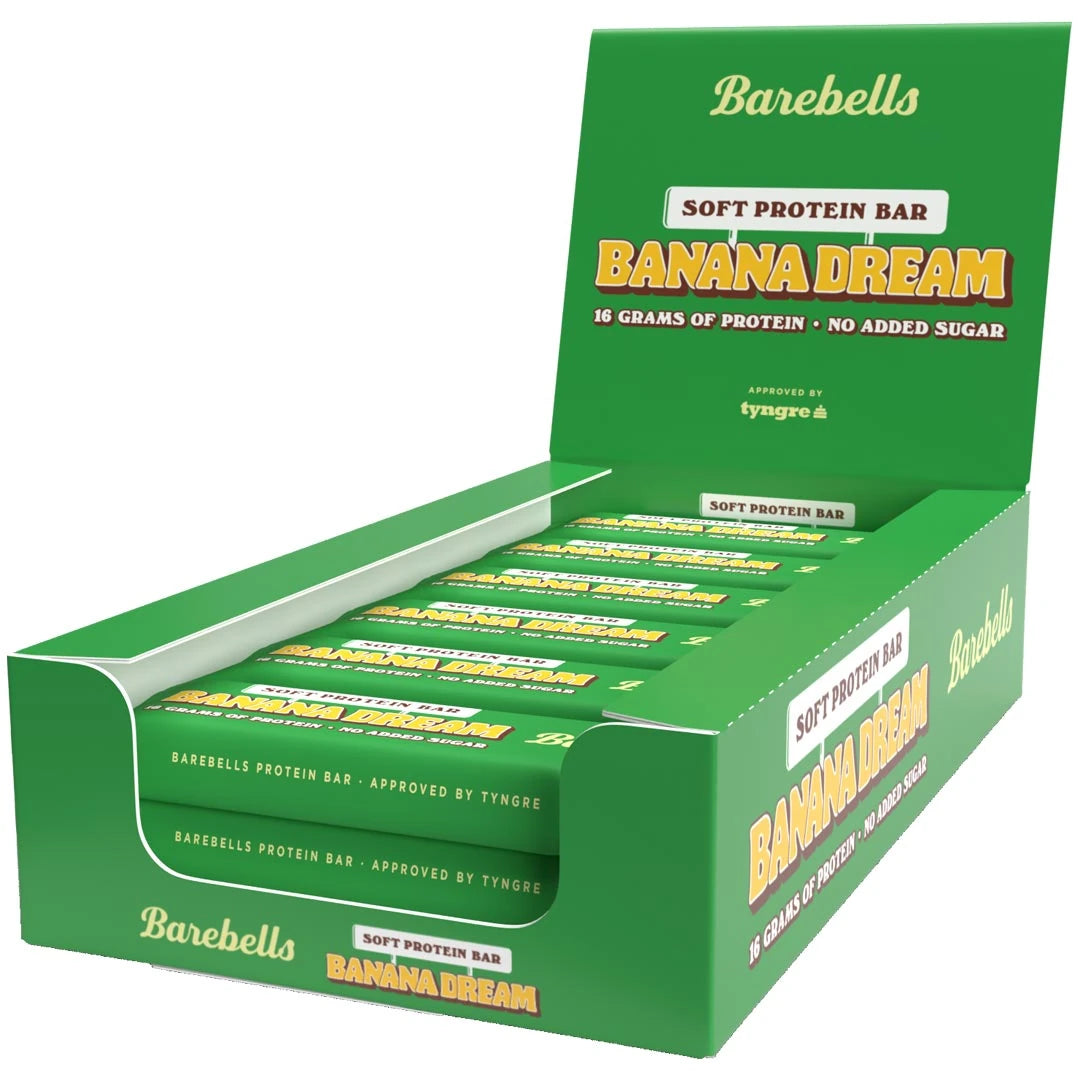 12 x Barebells Soft Bar 55 g Banana Dream vihreässä esittelylaatikossa.