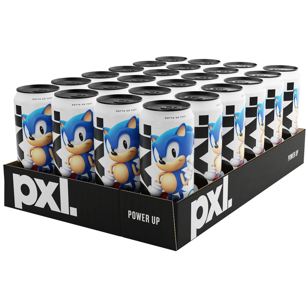 24 x PXL Energy 500 ml Sonic Cola mustassa laatikossa, jossa on valkoisia tölkkejä sinisellä Sonic-kuviolla.