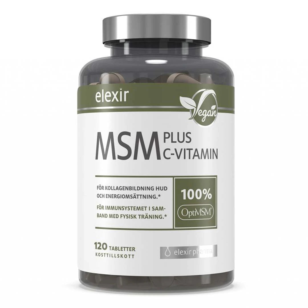 Elexir Pharma MSM + C Vitamin 120 tabs läpinäkyvässä purkissa, jossa on valkoinen etiketti, vihreitä yksityiskohtia ja hopeanvärinen kansi.