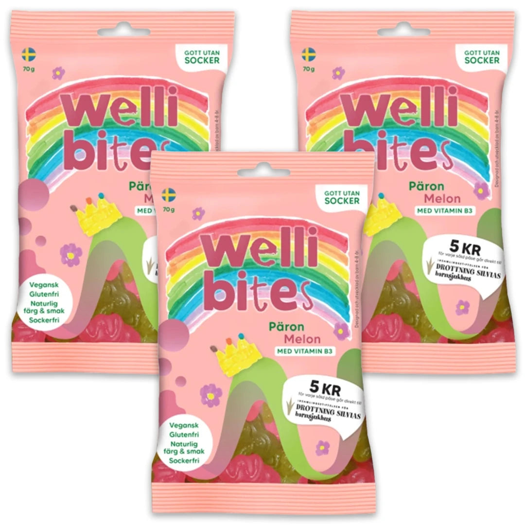 3 x Wellibites Candy 70 g Päron & Melon kolmessa vaaleanpunaisessa karkkipussissa, joissa on värikäs sateenkaari.
