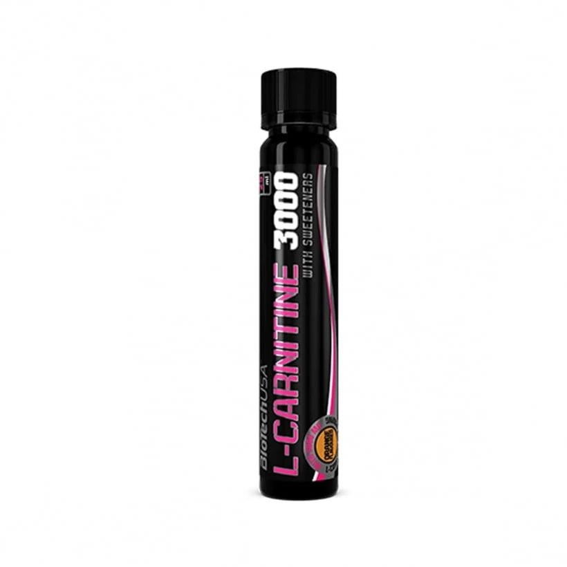 BioTechUSA L-Carnitine 3000 25 ml pienessä mustassa shottipullossa vaaleanpunaisilla yksityiskohdilla, makuna Orange.