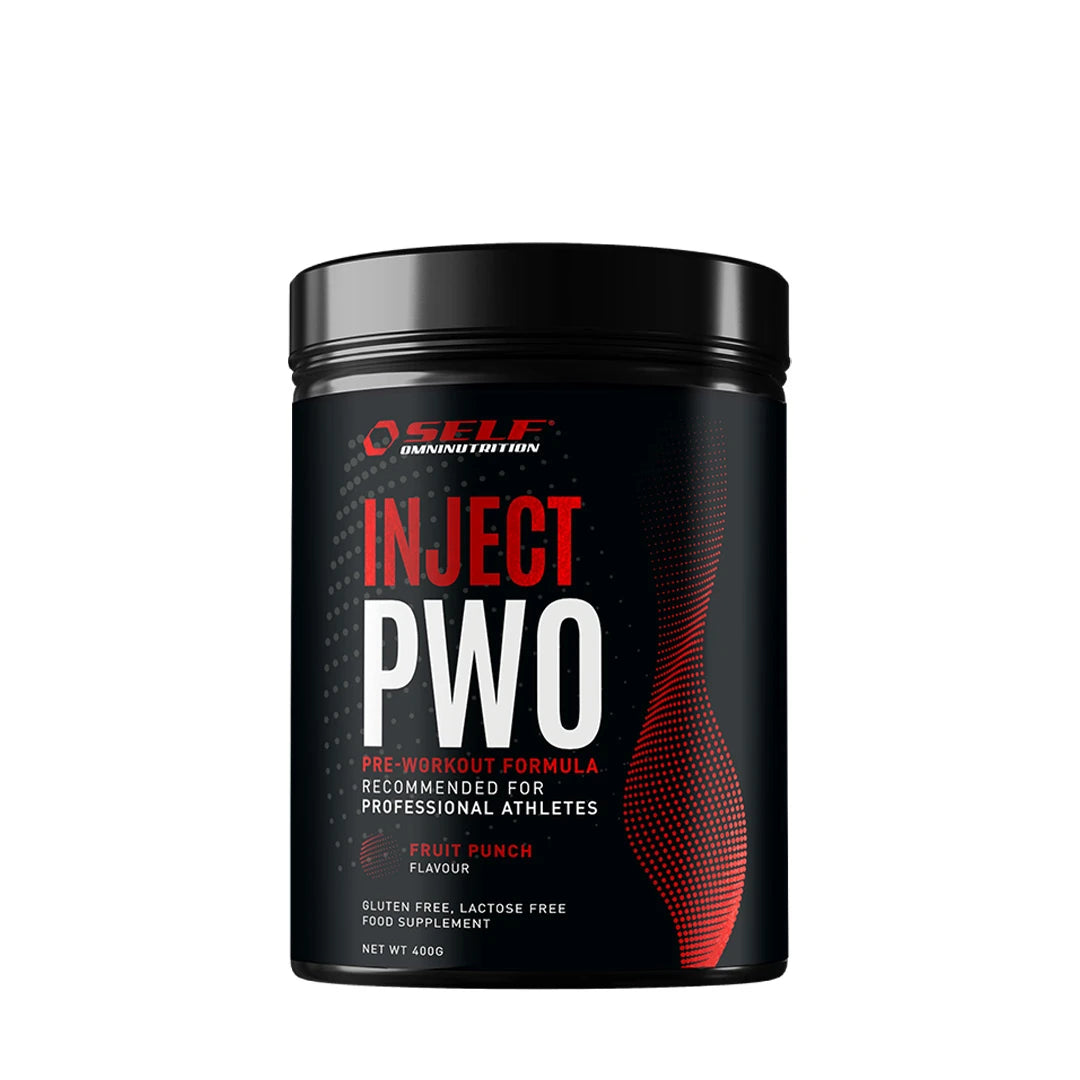 Self Omninutrition Inject 400 g -PWO-jauhe makuna Fruit Punch, mustassa purkissa punaisilla yksityiskohdilla.