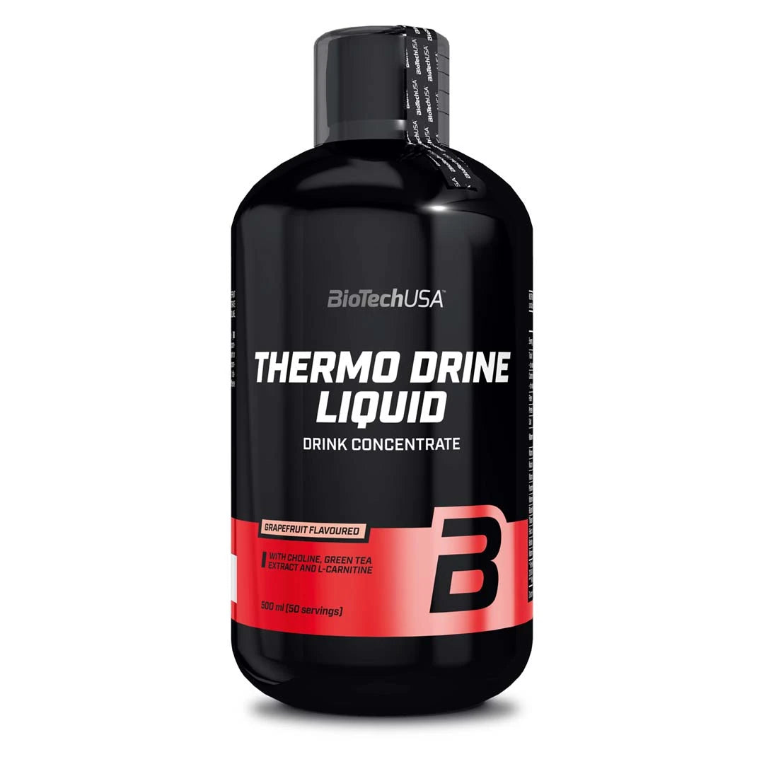 BioTechUSA Thermo Drine Liquid 500 ml -rasvanpolttaja, makuna greippi, mustassa pullossa punaisilla yksityiskohdilla.