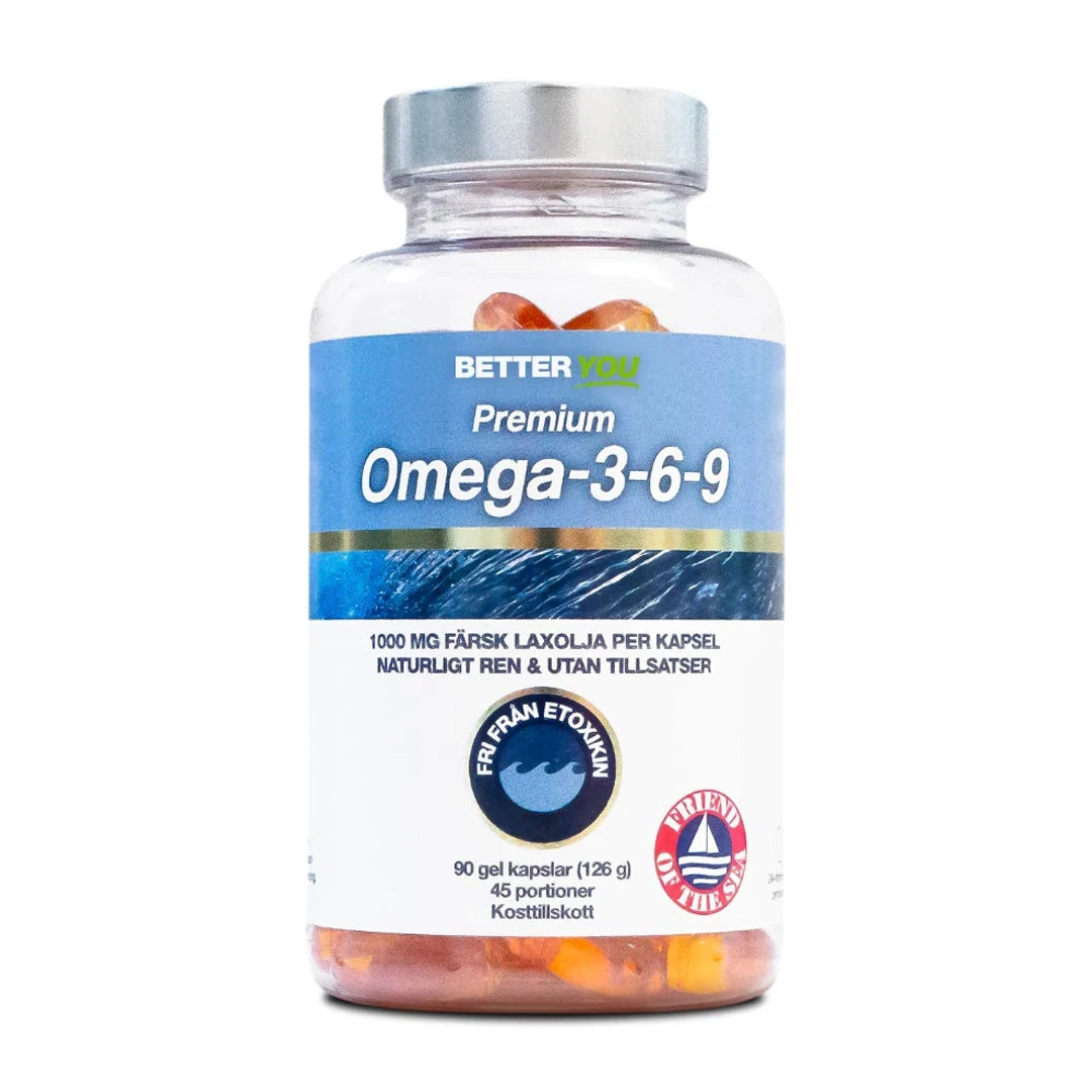 Better You Premium Omega-3 90 caps -ravintolisä läpinäkyvässä purkissa, sinivalkoinen etiketti ja oransseja kapseleita.