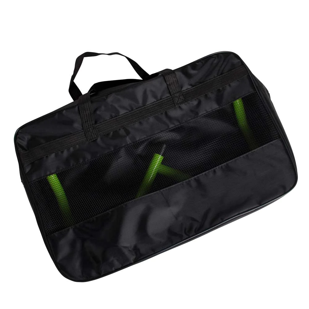 Musta nyloninen Virtufit Hurdle Bag verkkopaneelilla, jonka sisällä näkyy vihreitä hyppyaitoja.