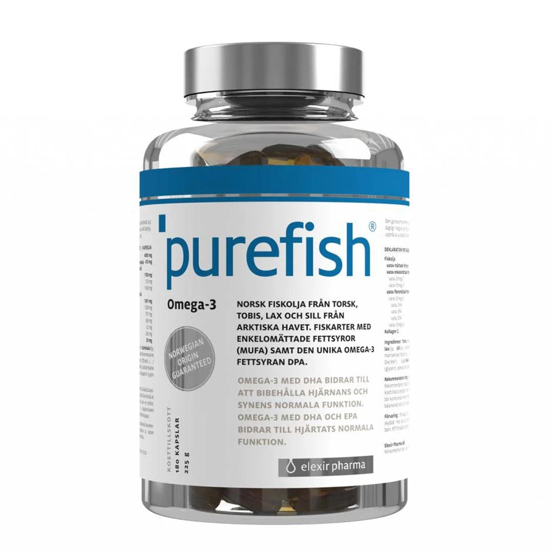 Elexir Pharma Pure Fish 180 caps läpinäkyvässä purkissa hopeakannella ja kultaisilla omega-3-kapseleilla.