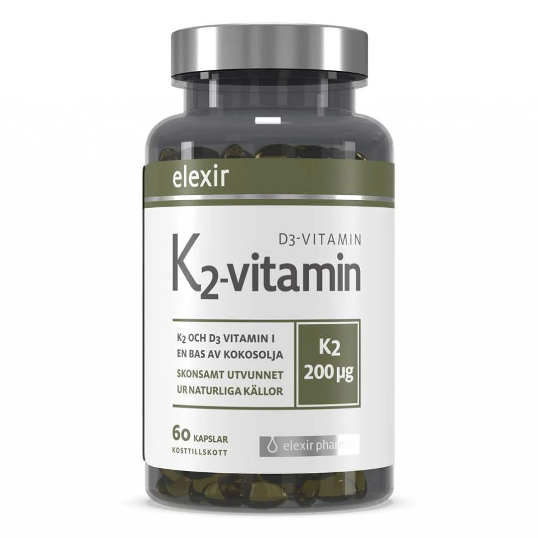 Elexir Pharma K2+D3 60 caps läpinäkyvässä purkissa, jossa on hopeakansi, valkoinen etiketti ja oliivinvihreitä yksityiskohtia.