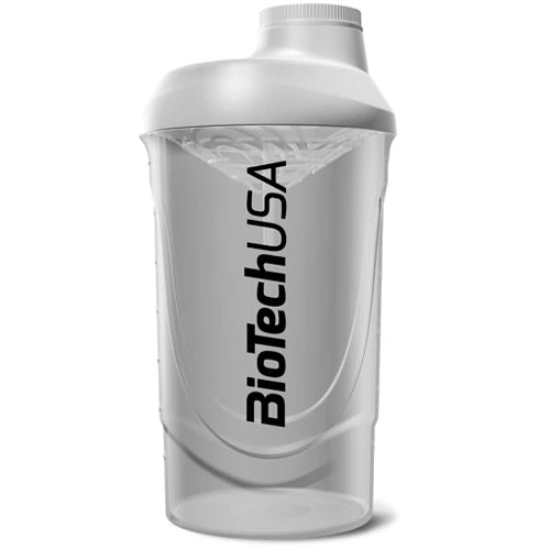 BiotechUSA Wave shaker 600 ml läpinäkyvästä muovista valkoisella kannella ja mustalla logolla.