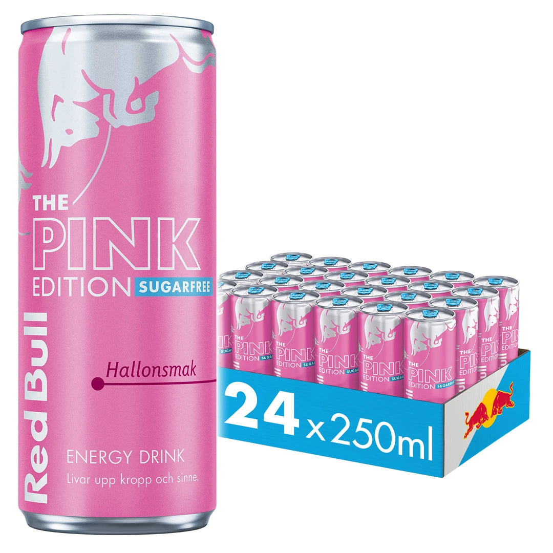 24 x Red Bull energiajuoma 250 ml Pink Edition Vadelma (Sokeriton) sinisellä lavalla pinkein tölkein ja hopeayksityiskohdin.