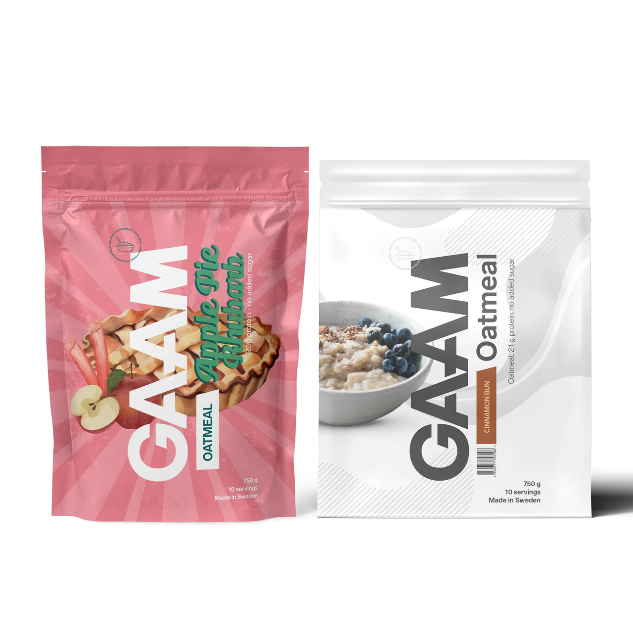 2 x GAAM Oatmeal 750 g -proteiinipuuro vaaleanpunaisessa ja valkoisessa pussissa, makuina Apple Pie Rhubarb ja Cinnamon Bun.